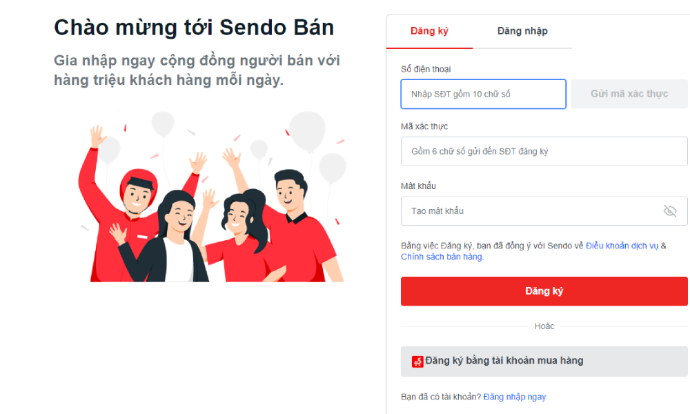 Giao diện trang đăng ký bán hàng Sendo
